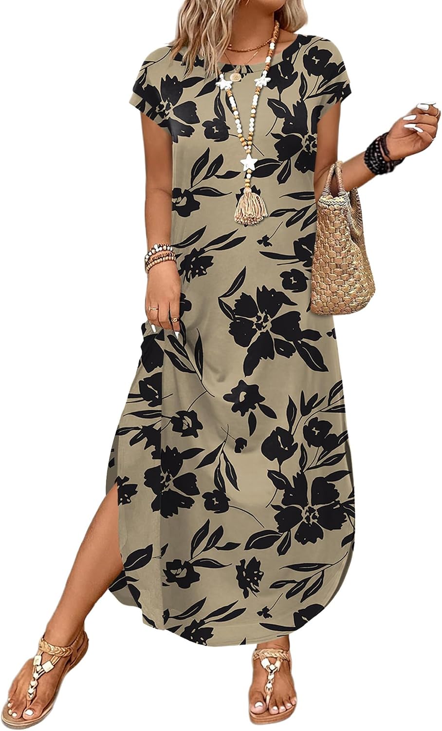 WIHOLL Summer Dresses Cap Sleeve Crewneck Maxi Long Casual Dress with Pockets Beach Vacation Sundresses 2026 Trendy