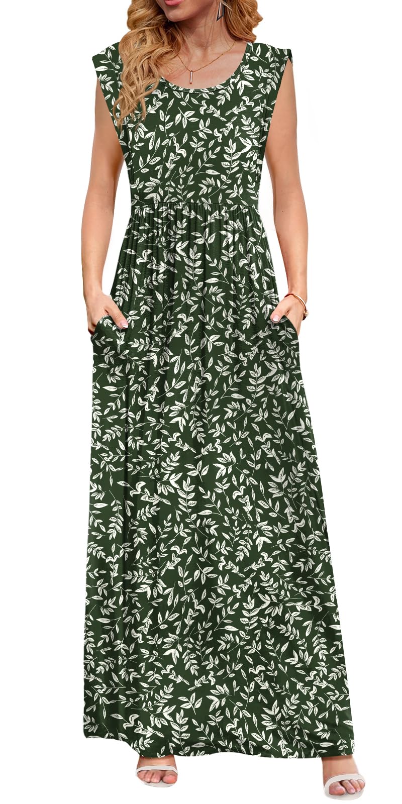 DB MOON Womens 2026 Maxi Dresses Empire Waist Long Summer Dress Casual Cap Short Sleeve Sundress with Pockets