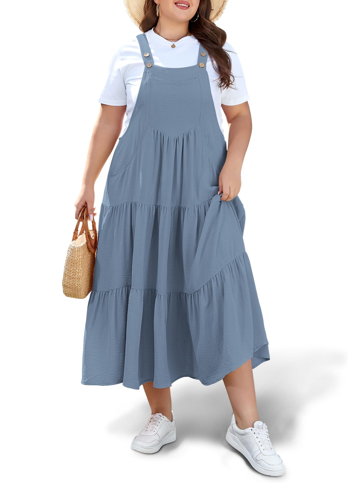 Moon Wood Plus Size Overall Dress for Women Summer Casual Maxi Dresses Jumper Dresses with Pockets Adjustable Straps
