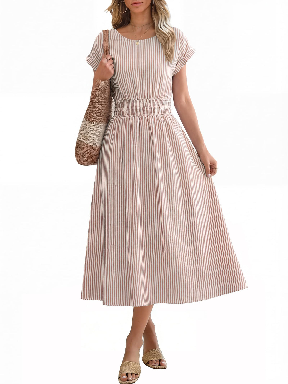 ANRABESS Womens Summer Midi Dress Striped Casual Short Sleeve Crewneck Elastic Waist 2026 Flowy Long Beach Dress with Pockets