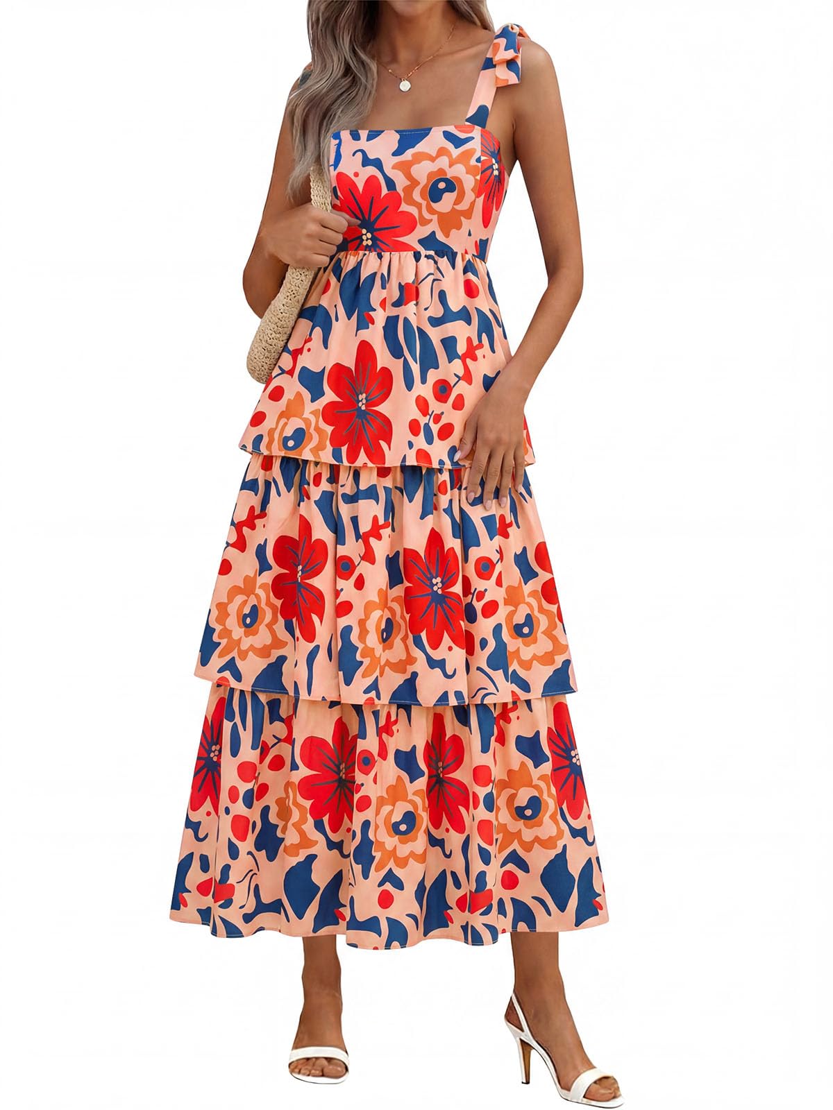 Wenrine Womens Summer Floral Maxi Dress Sleeveless Ruffle Smocked Sundress