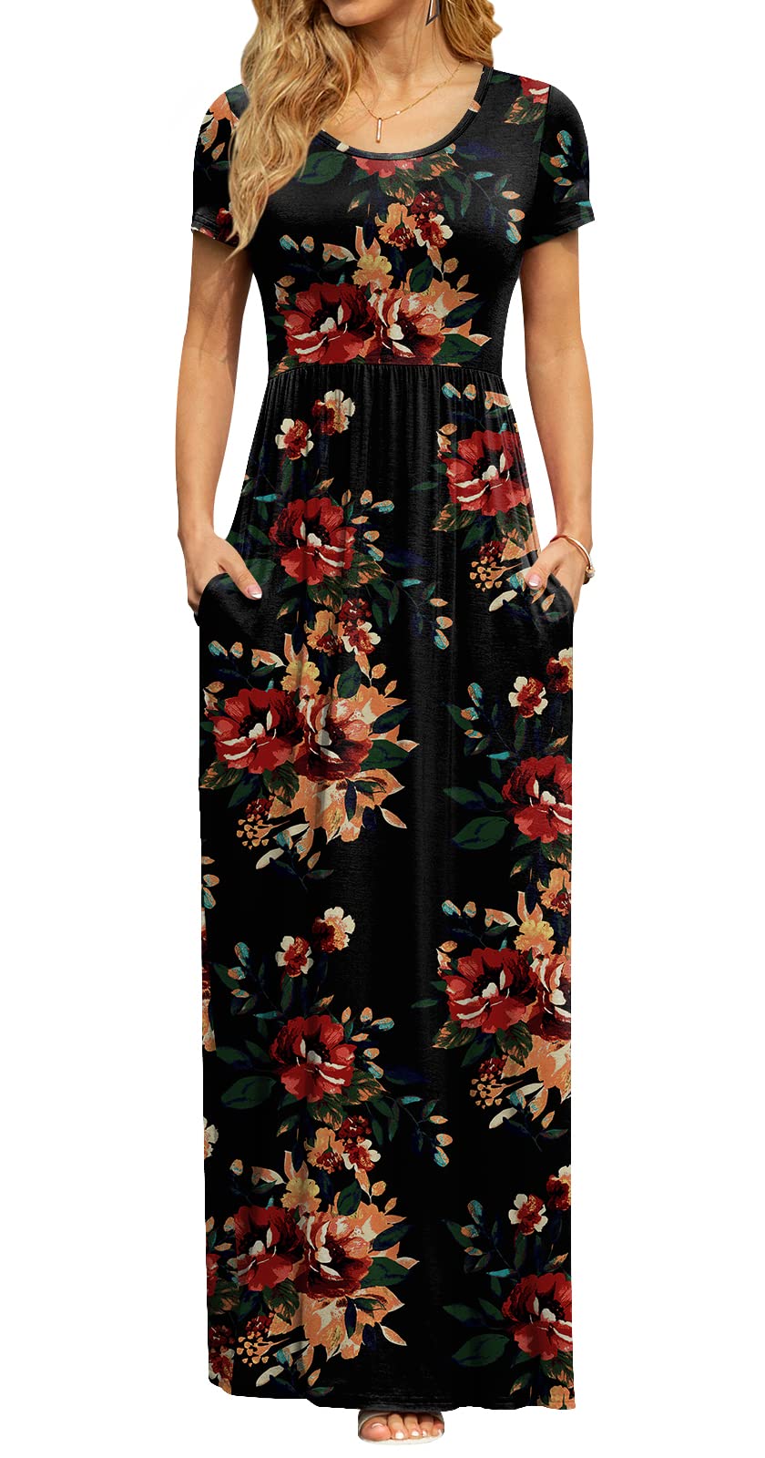 DB MOON Women's Summer Maxi Dress Casual Short Sleeve Empire Waist Pockets