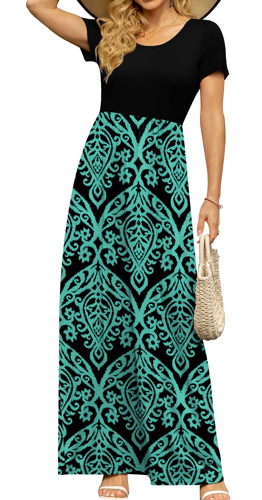DB MOON Women's Summer Maxi Dress Casual Short Sleeve Empire Waist Pockets