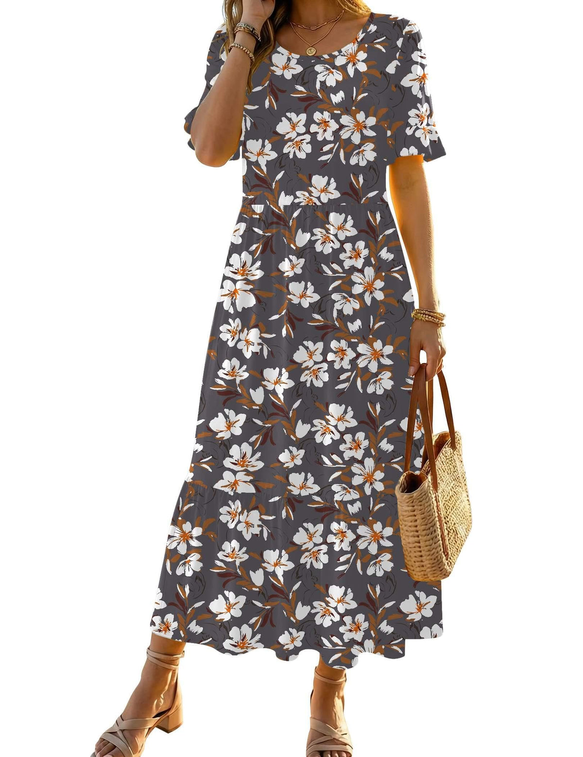 Zeagoo Womens Summer Dresses 2026 Casual Midi Dress Flowy Sundress Ruffle Short Sleeve Tiered Dresses A Line Boho Dress