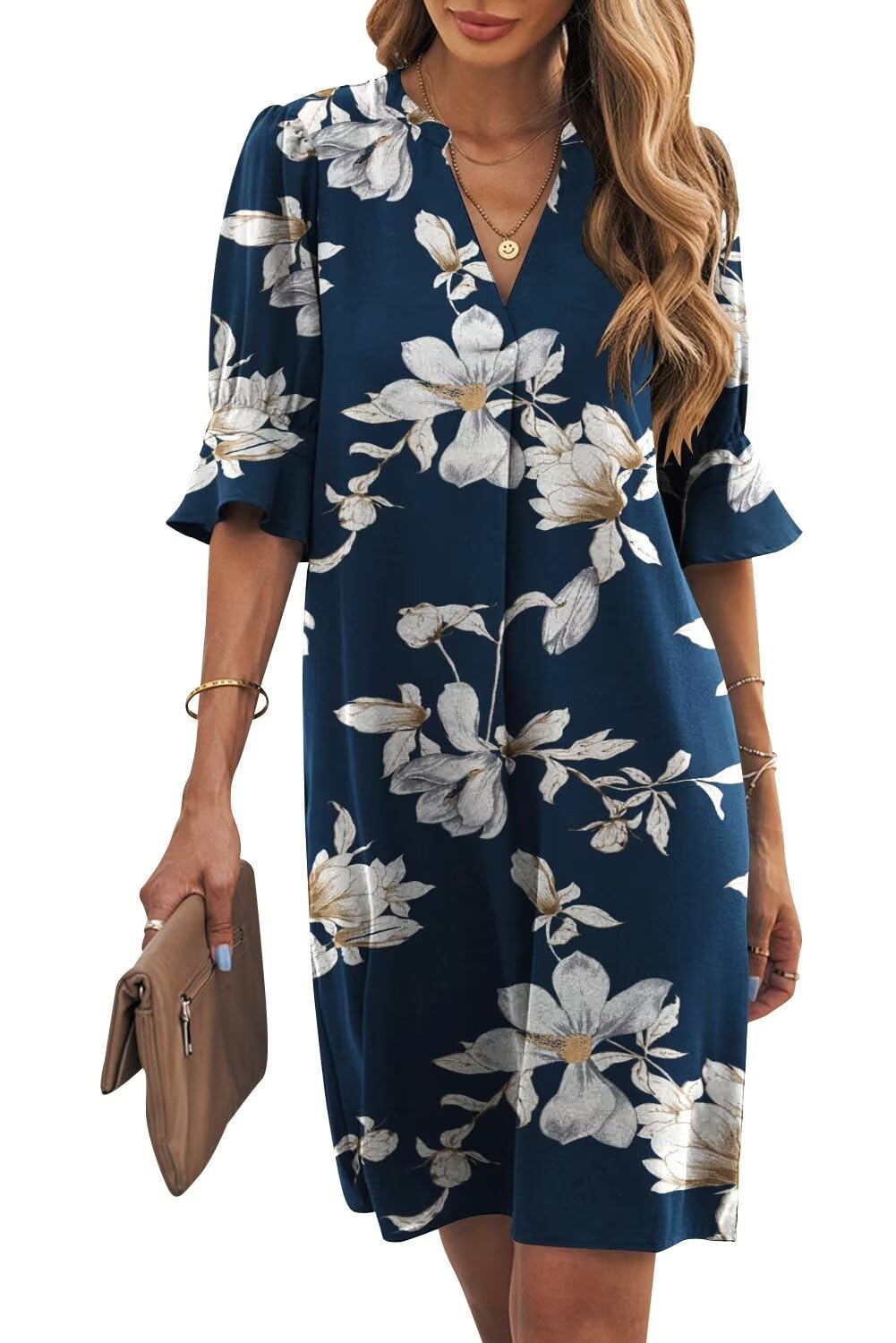 Wkior Womens Summer Ruffle Short Sleeve V Neck Shift Dress