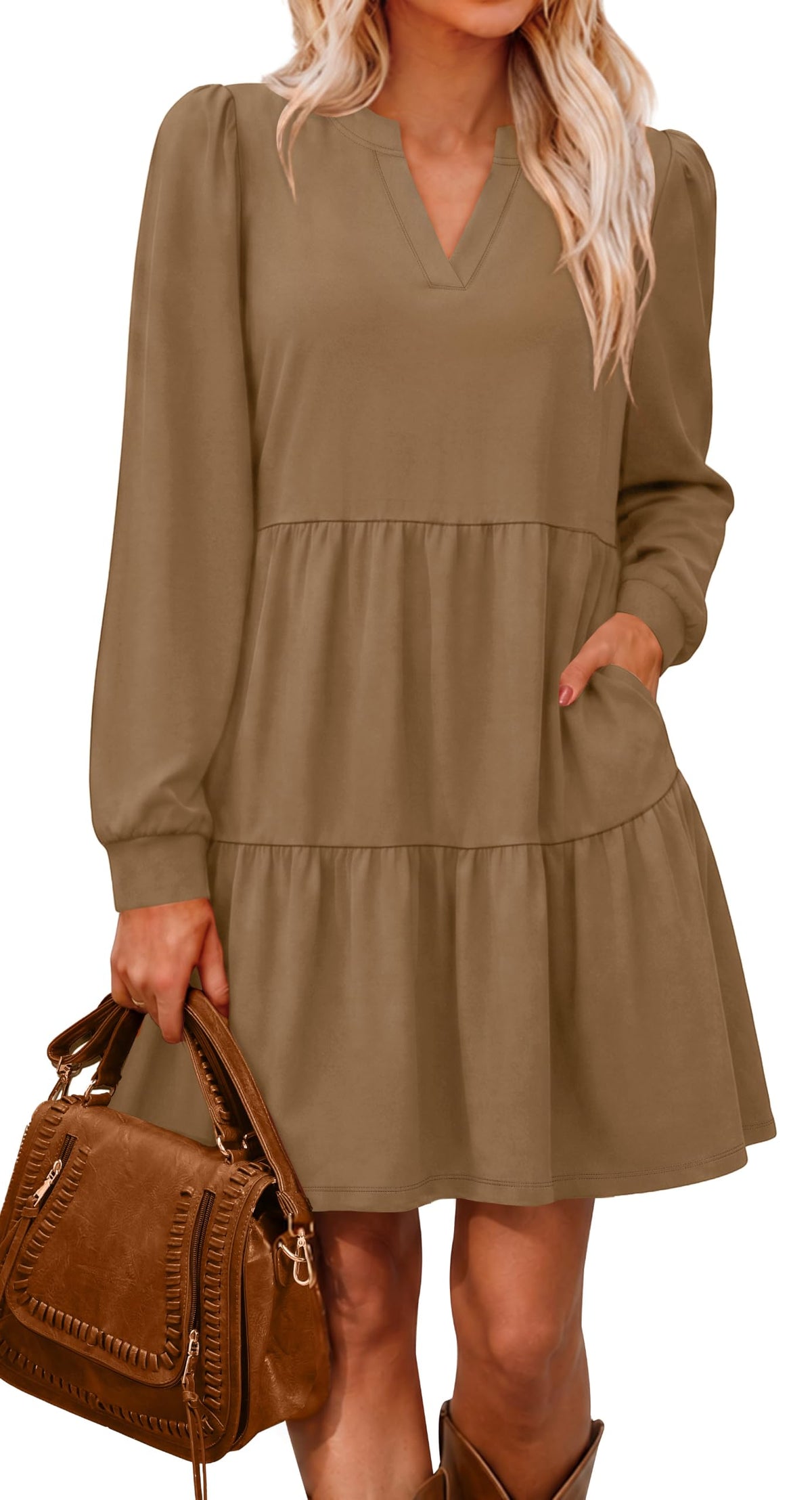 OFEEFAN Fall Dresses for Women V Neck Long Sleeve Tiered Dress with Pockets