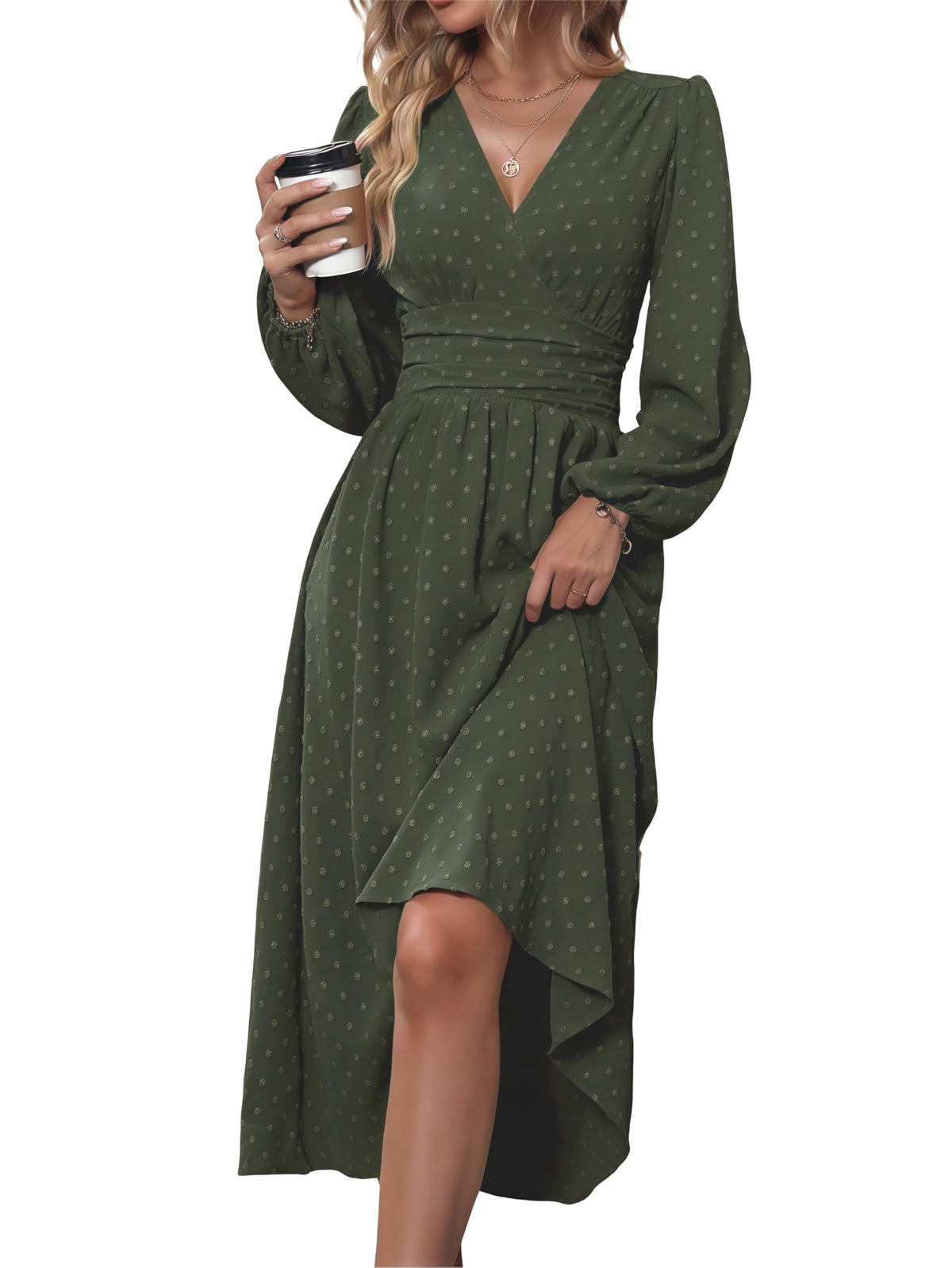Mettclasi Women's Spring Fall Swiss Dot V-Neck Midi Dress Casual Puff Long Lantern Sleeve A-Line Flowy Wedding Guest Dress