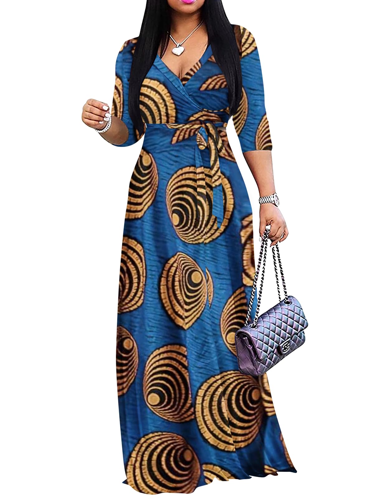 Yajedo Womens Casual Summer Maxi Dress Plus Size Sexy Wrap V Neck 3/4 Sleeve Sundress with Pockets