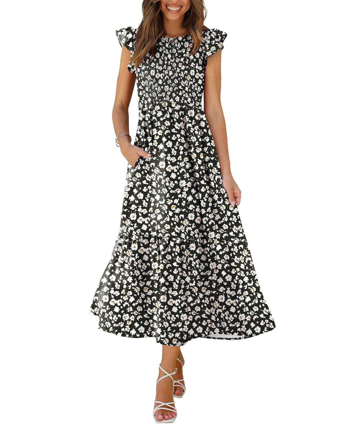 OFEEFAN Women's Casual Maxi Dresses with Pockets Ruffle Sleeve Smocked Dress XS-2XL