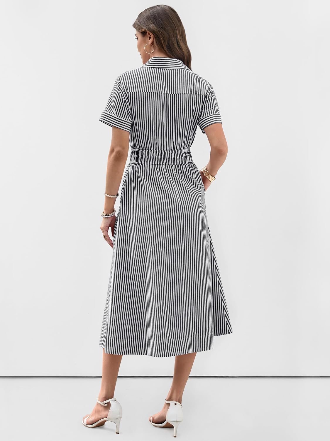 ANRABESS Women Summer Short Sleeve Midi Dress, Striped & Gingham, Casual A-Line Button Collar Shirt Dress, Beach & Vacation