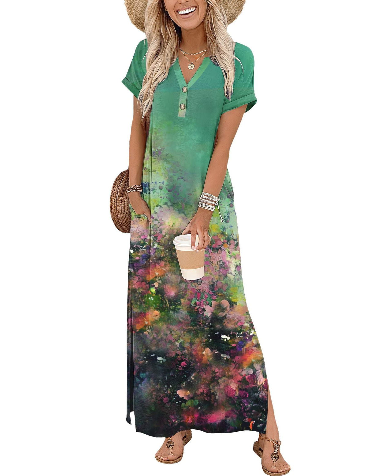 Zeagoo Summer Dresses for Women 2026 Maxi Dresses Vacation Sundress Short Sleeve Casual Sundresses Split Dress with Pockets