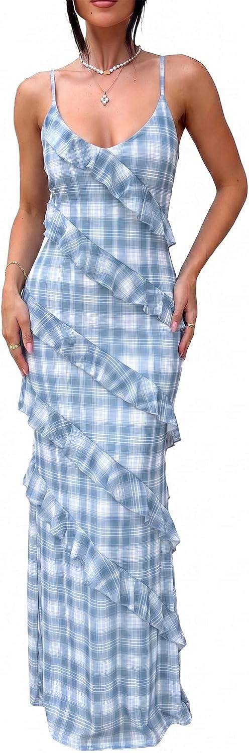 HOCILLE Women's Sexy V Neck Mesh Bodycon Wedding Guest Cocktail Maxi Dress