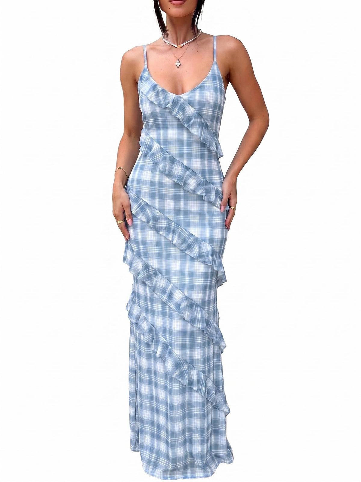 HOCILLE Women's Sexy V Neck Mesh Bodycon Wedding Guest Cocktail Maxi Dress
