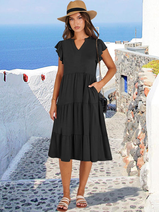 ANRABESS Womens Summer Dress Ruffle Sleeve V Neck Midi Dresses