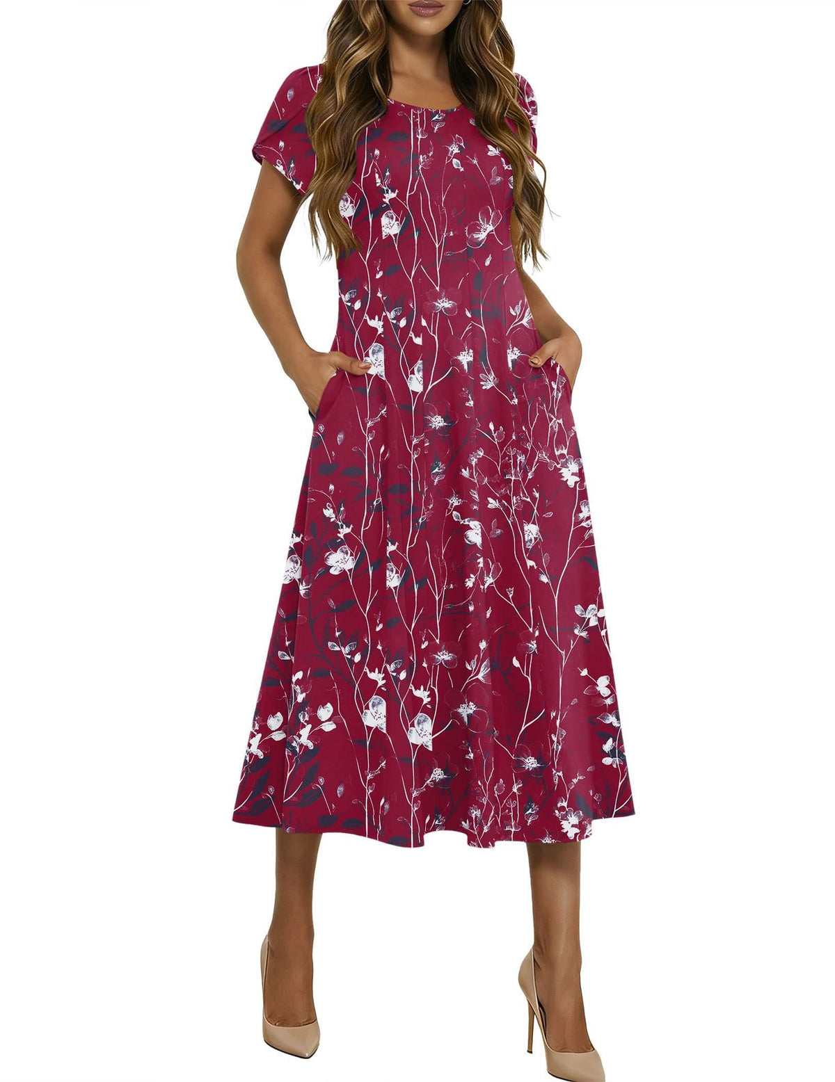 HOTOUCH Summer Dresses for Women 2026 Casual Midi Dress Petal Short Sleeve A Line Dress Pleated Flare Sundress