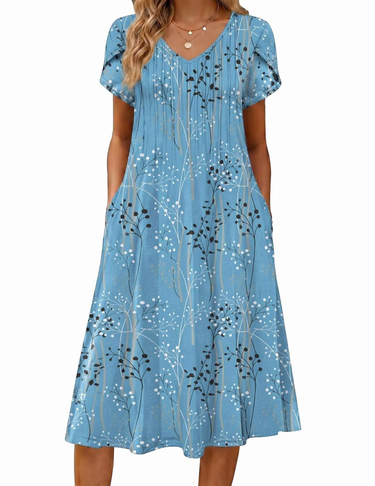 Zeagoo Womens Casual Summer Dress 2026 Short Sleeve Dresses Pleats Midi A Line Flowy Dress Boho Beach Sundress with Pockets