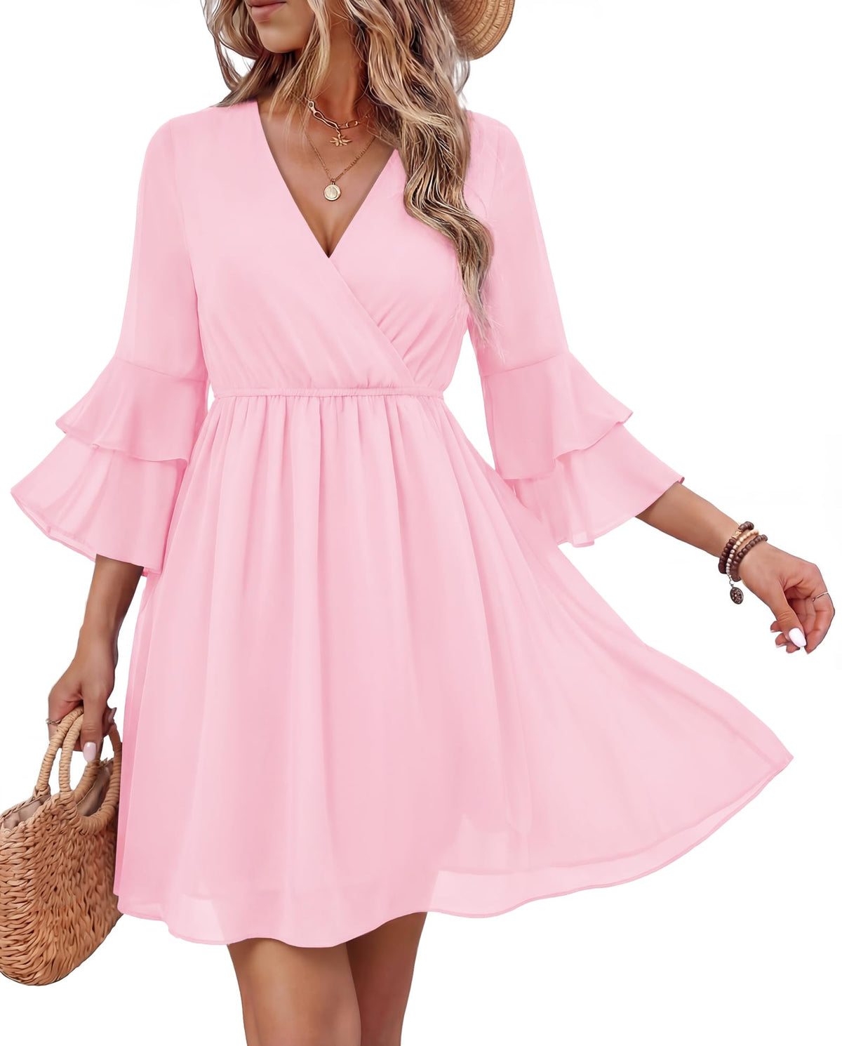 Bebonnie Womens 3/4 Ruffle Sleeve Spring Summer Casual V Neck Flowy Chiffon Layers Dresses