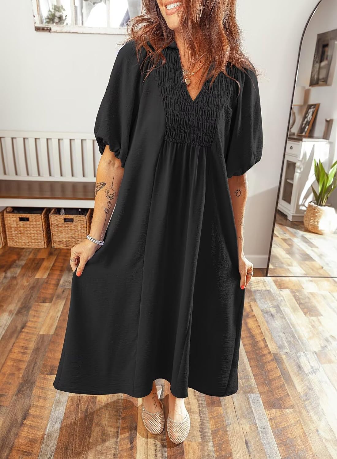 Dokotoo Summer Dresses for Women 2026 Casual Dresses V Neck Puff Sleeve Empire Waist A-Line Maxi Dress