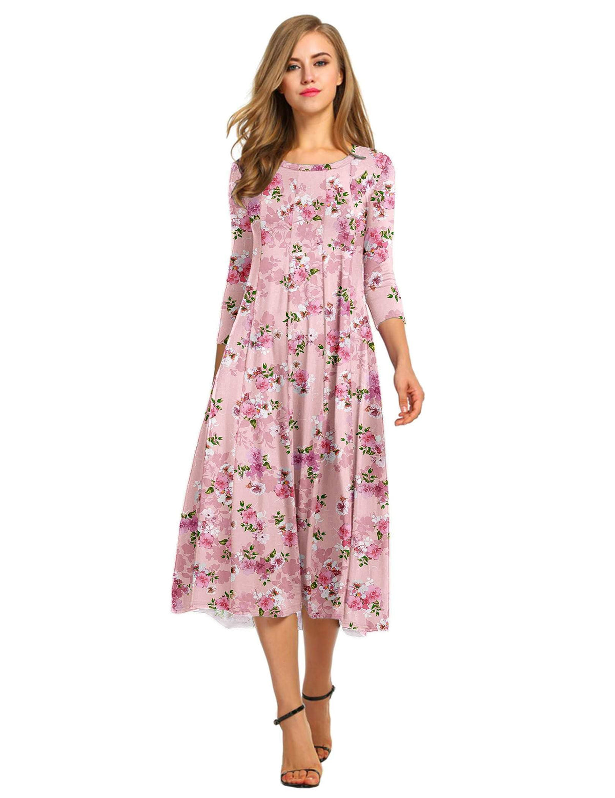 HOTOUCH Women's 3/4 Sleeve A-line and Flare Midi Long Dress