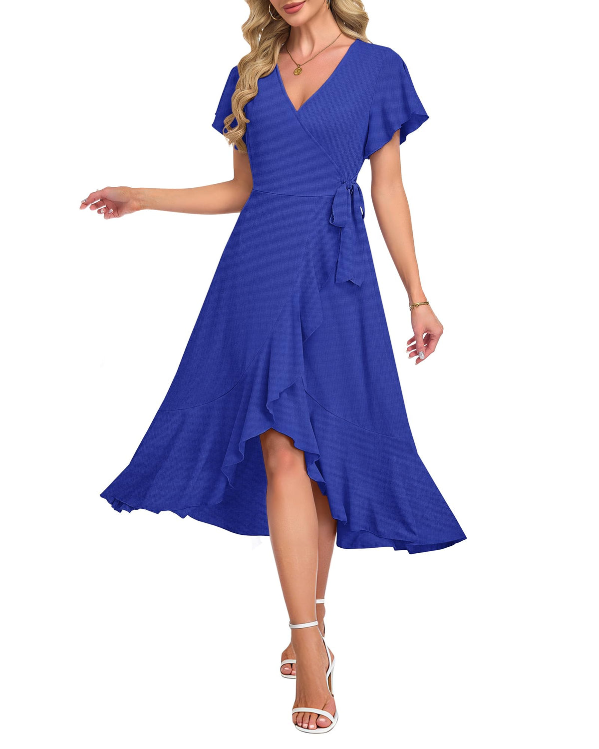 AUSELILY Women Summer Midi Dresses Wrap Short Flutter Sleeve Elegant Dress