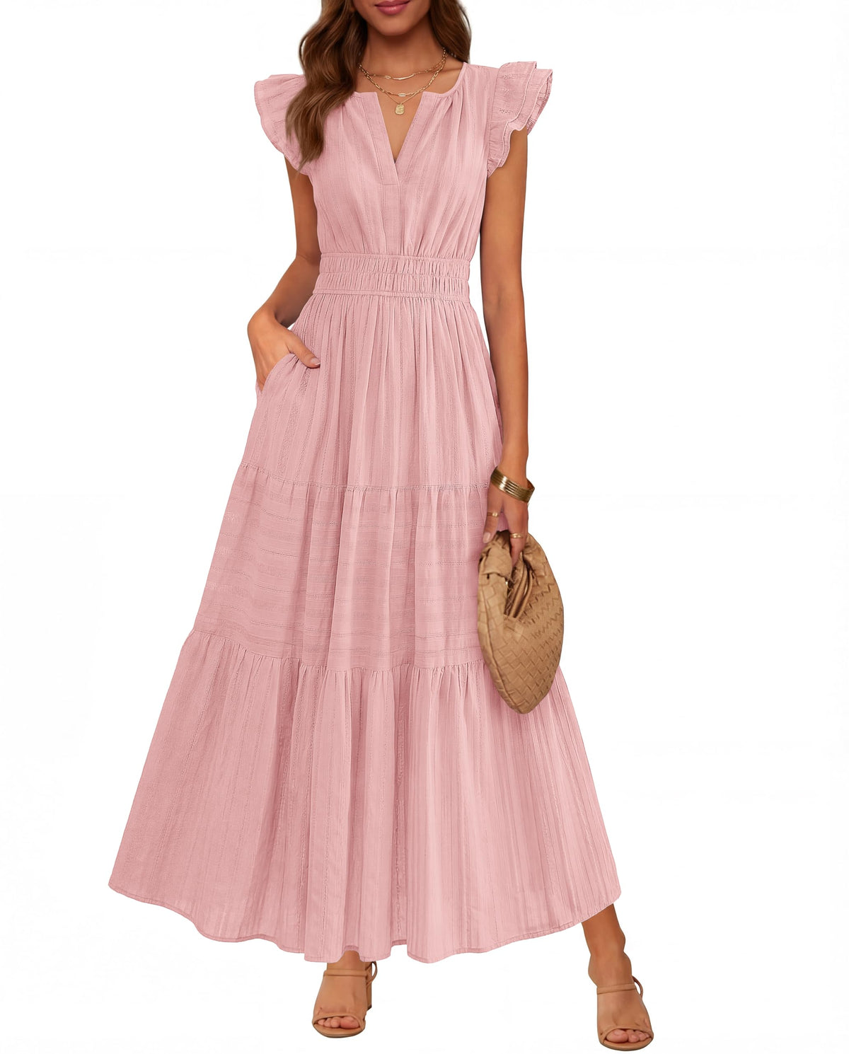 BTFBM Womens Summer Casual Ruffle Sleeve Maxi Dress