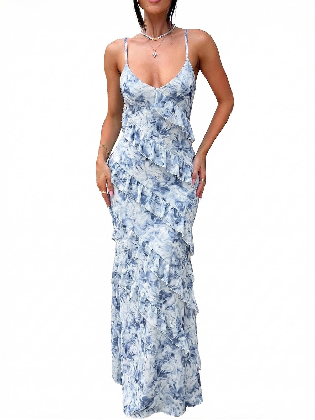 HOCILLE Women's Sexy V Neck Mesh Bodycon Wedding Guest Cocktail Maxi Dress