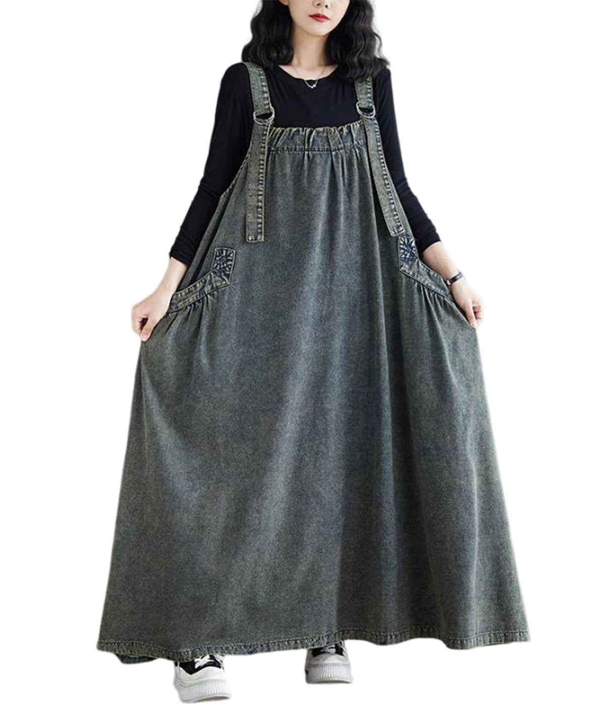 Women's Casual Loose Denim Dress Sleeveless Adjustable Straps Denim Jumper Dress with Pockets
