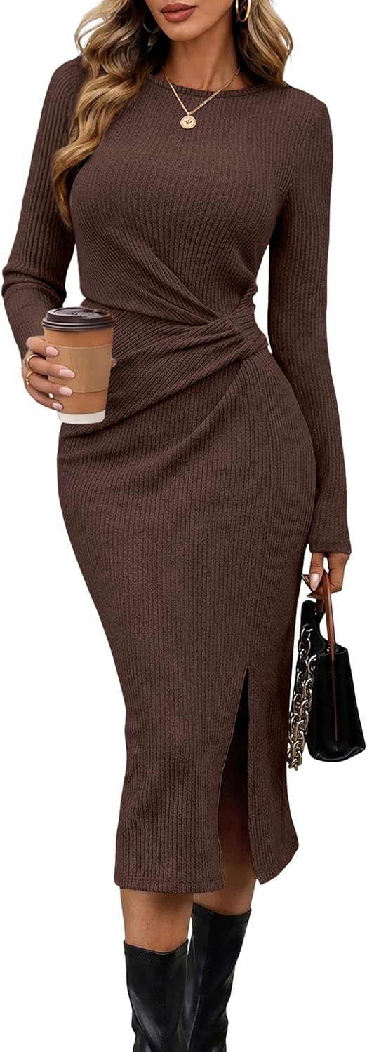 OFEEFAN Long Sleeve Dress for Women Fall Wedding Guest Dress Sweater Dress