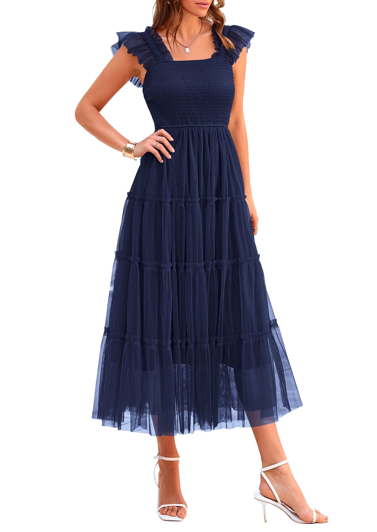 PRETTYGARDEN Women's Summer Smocked Midi Tulle Dress