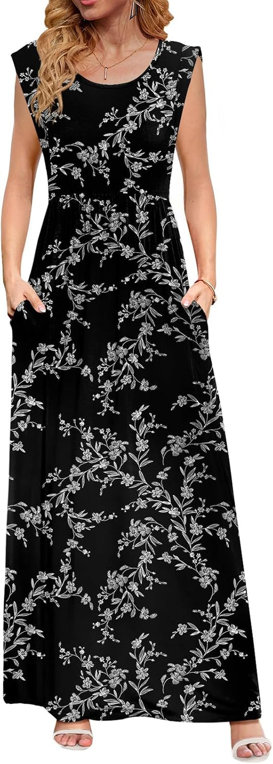 DB MOON Womens 2026 Maxi Dresses Empire Waist Long Summer Dress Casual Cap Short Sleeve Sundress with Pockets