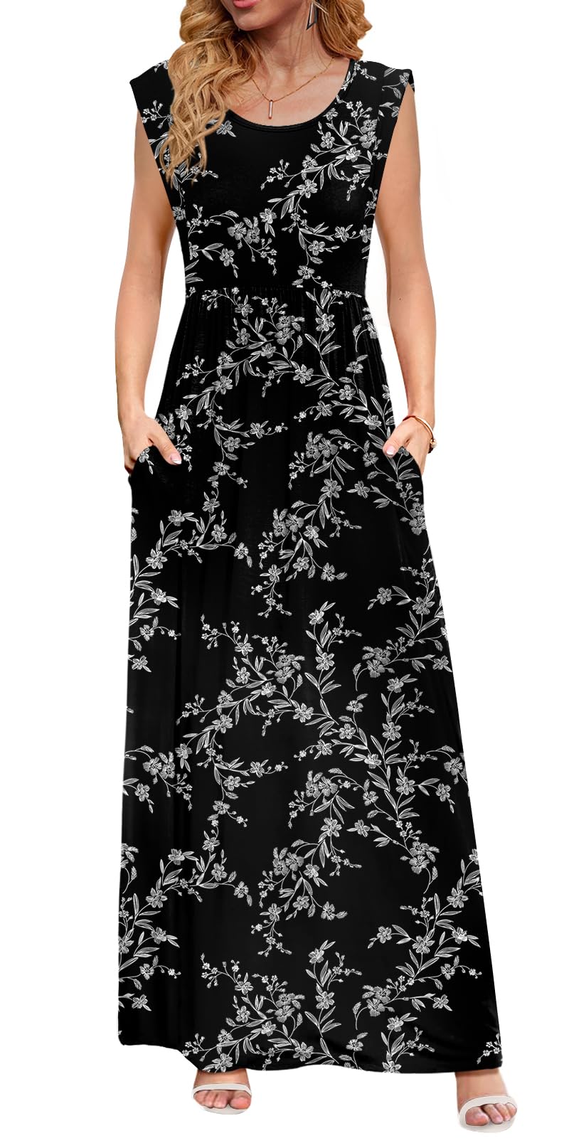 DB MOON Womens 2026 Maxi Dresses Empire Waist Long Summer Dress Casual Cap Short Sleeve Sundress with Pockets