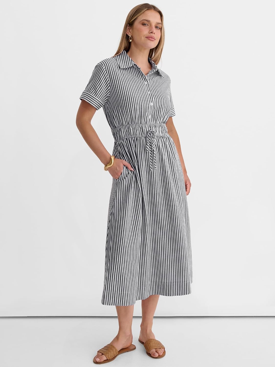 ANRABESS Women Summer Short Sleeve Midi Dress, Striped & Gingham, Casual A-Line Button Collar Shirt Dress, Beach & Vacation