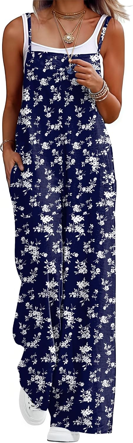 Lepunuo Womens Casual Loose Jumpsuits Summer Boho Wide Leg Rompers Sleeveless Overalls with Pockets