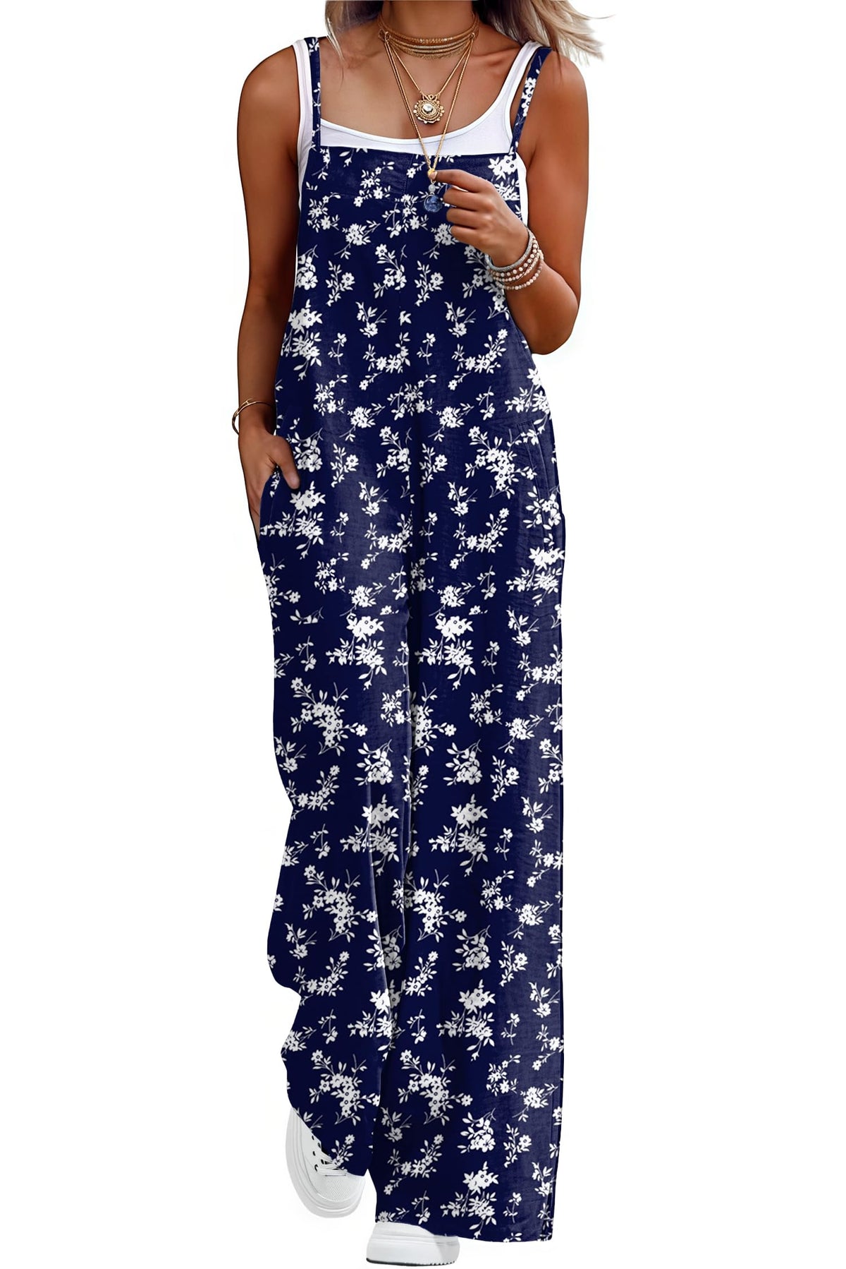 Lepunuo Womens Casual Loose Jumpsuits Summer Boho Wide Leg Rompers Sleeveless Overalls with Pockets