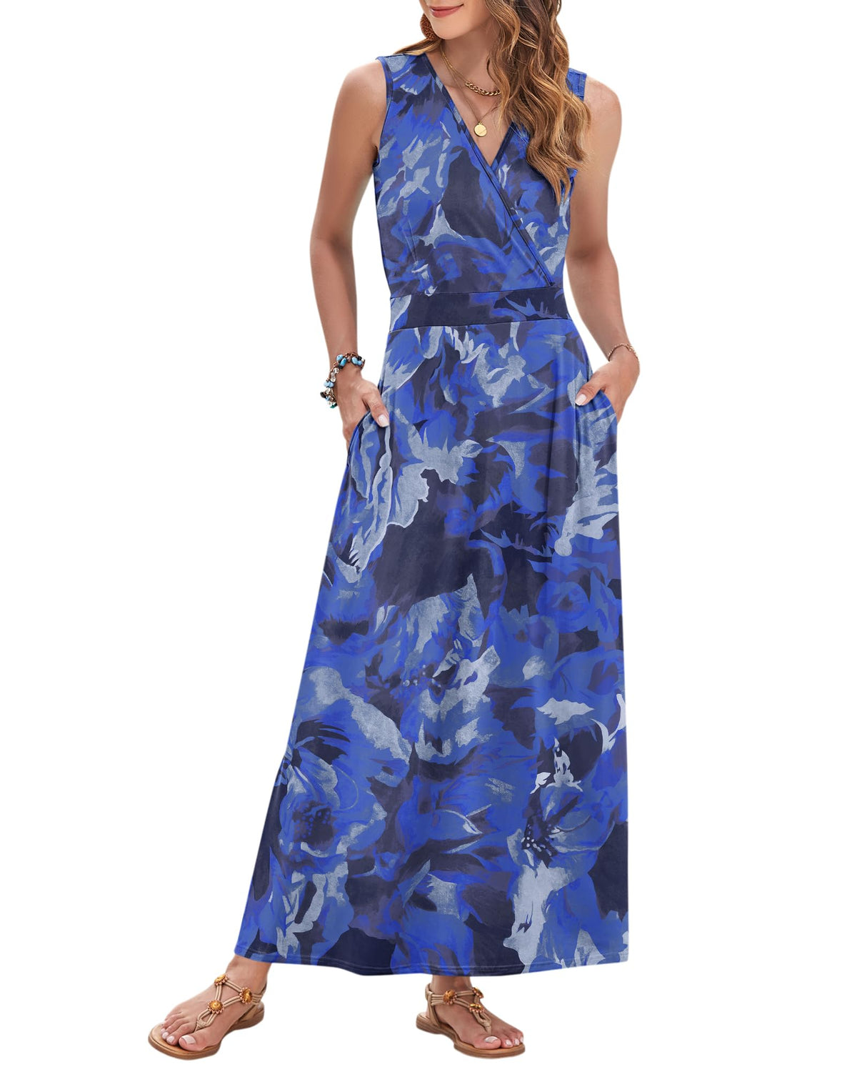 AUSELILY Womens Maxi Dress Summer Sleeveless Wrap Long Dresses with Pockets