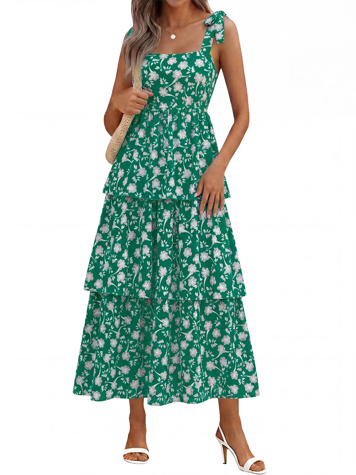 Wenrine Womens Summer Floral Maxi Dress Sleeveless Ruffle Smocked Sundress