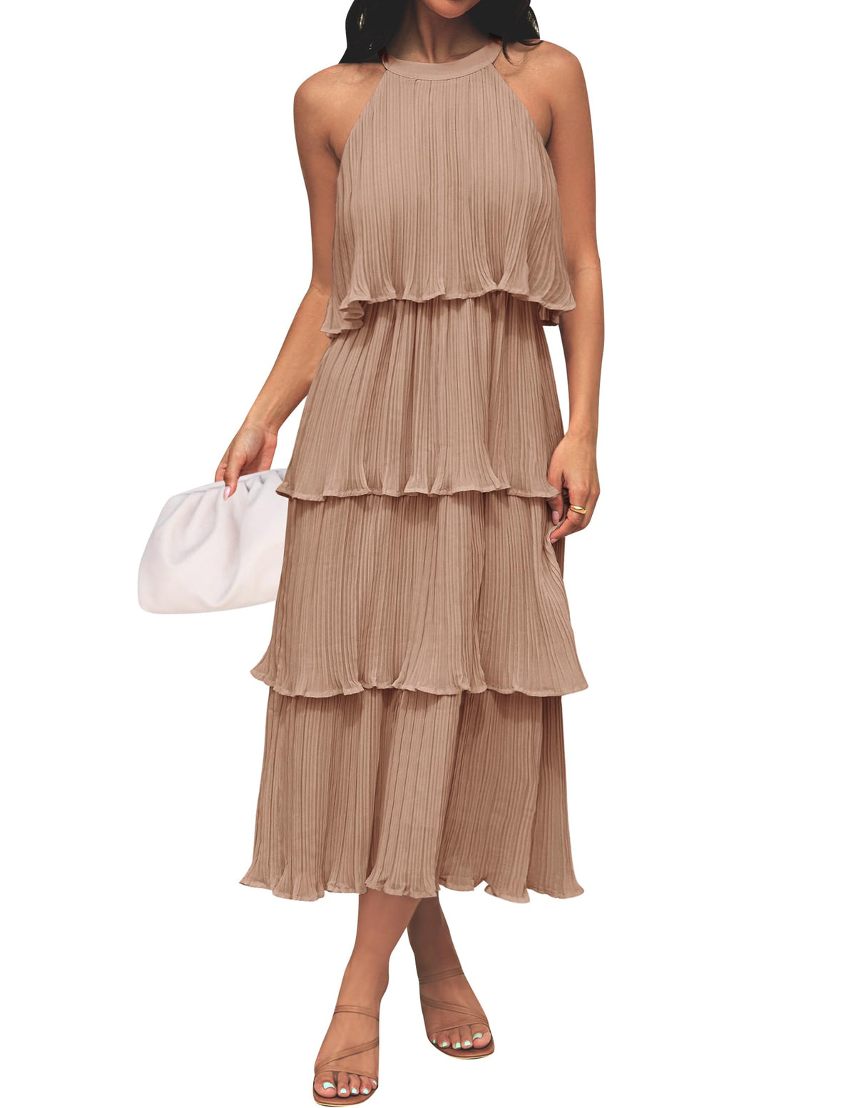 ZESICA Womens Summer Halter Ruffle Wedding Guest Midi Dresses