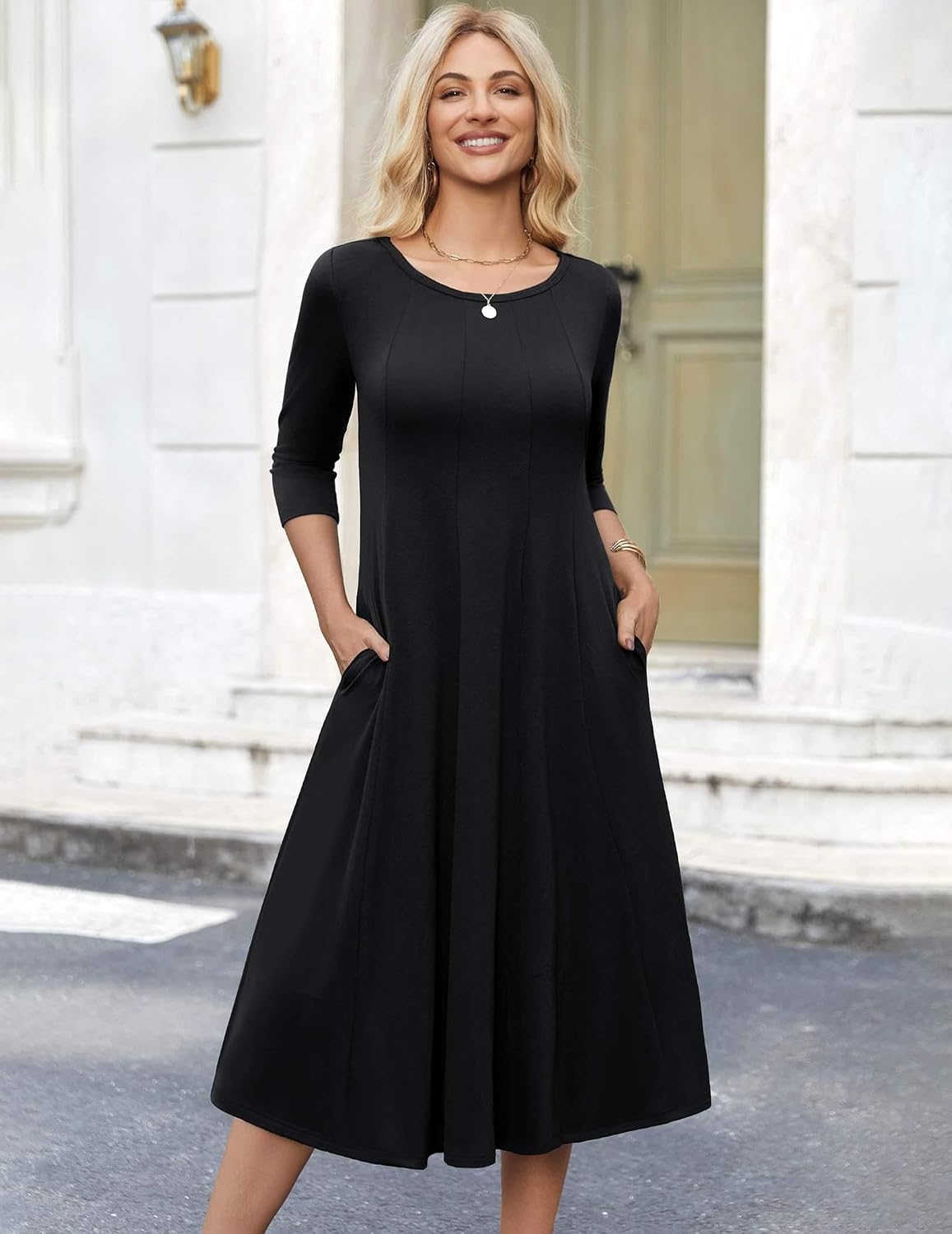 HOTOUCH Women's 3/4 Sleeve A-line and Flare Midi Long Dress
