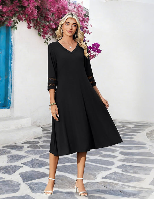 Zeagoo Women's Dresses 3/4 Sleeve Casual V-Neck A Line Eyelet Midi Dress