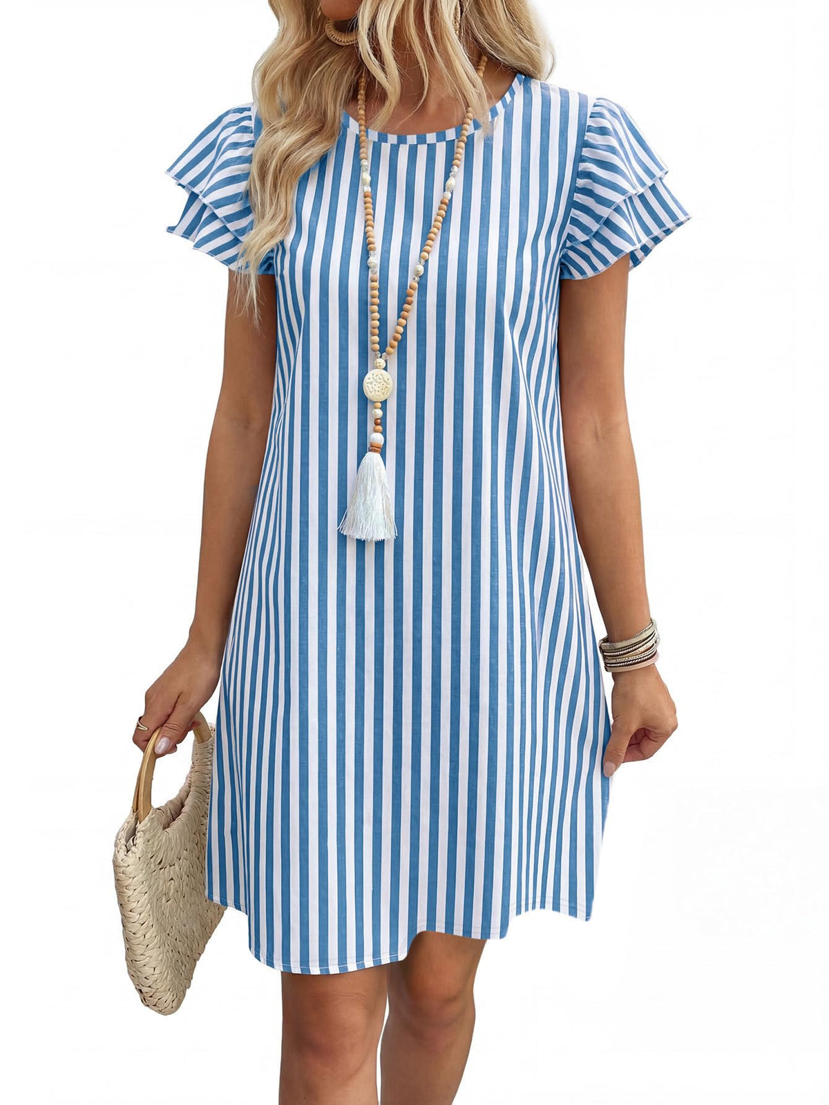 OFEEFAN Womens Summer Dresses 2026 Ruffle Sleeve Round Neck Loose Swing Sundresses with Pockets Plain/Print