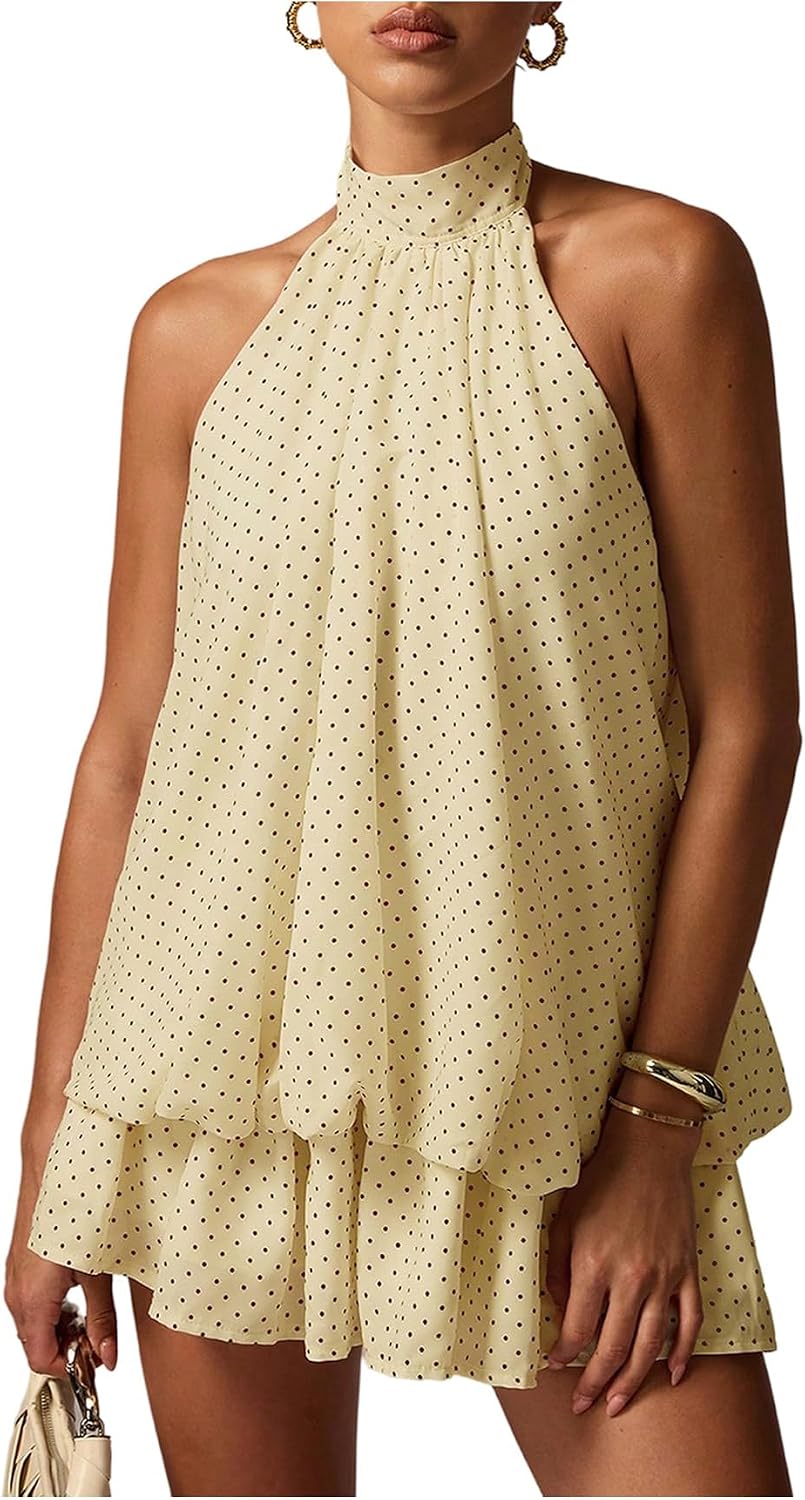 OYOANGLE Women Summer Polka Dots Halter Y2k Cute Ruffle Wedding Party Dress