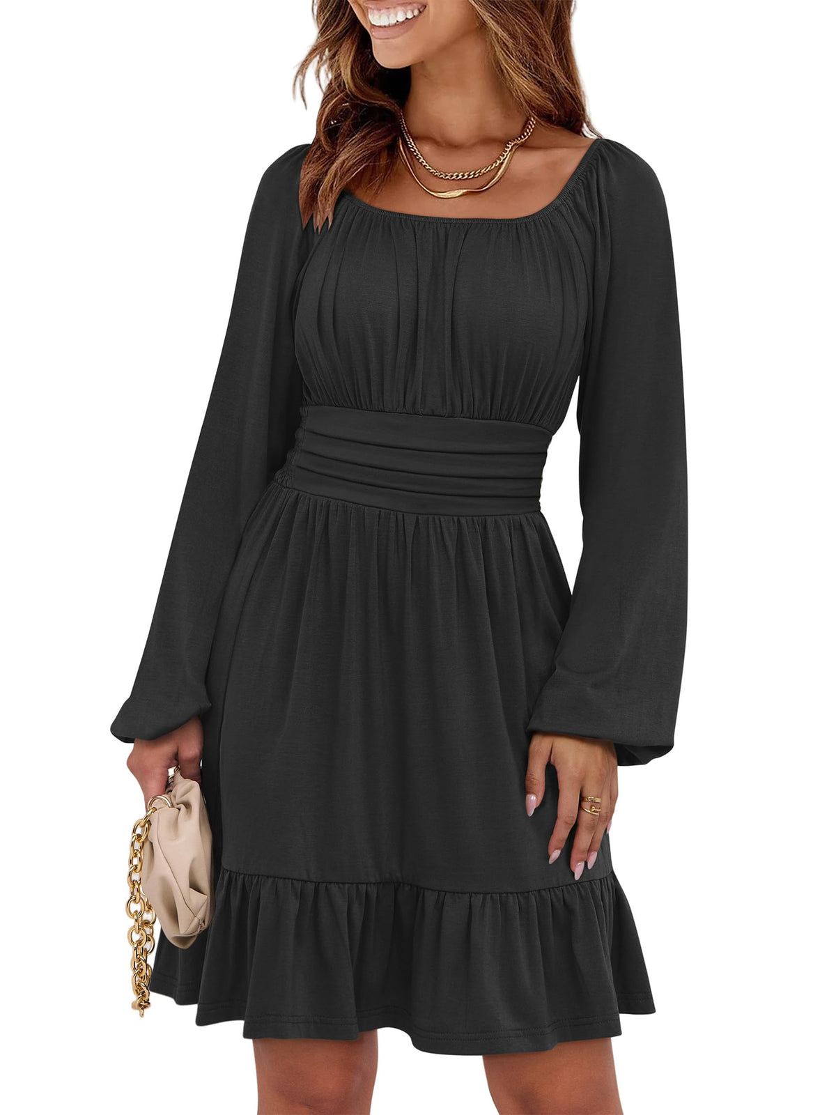 ANRABESS Women Long Lantern Sleeve Square Neck Fall Short Dress