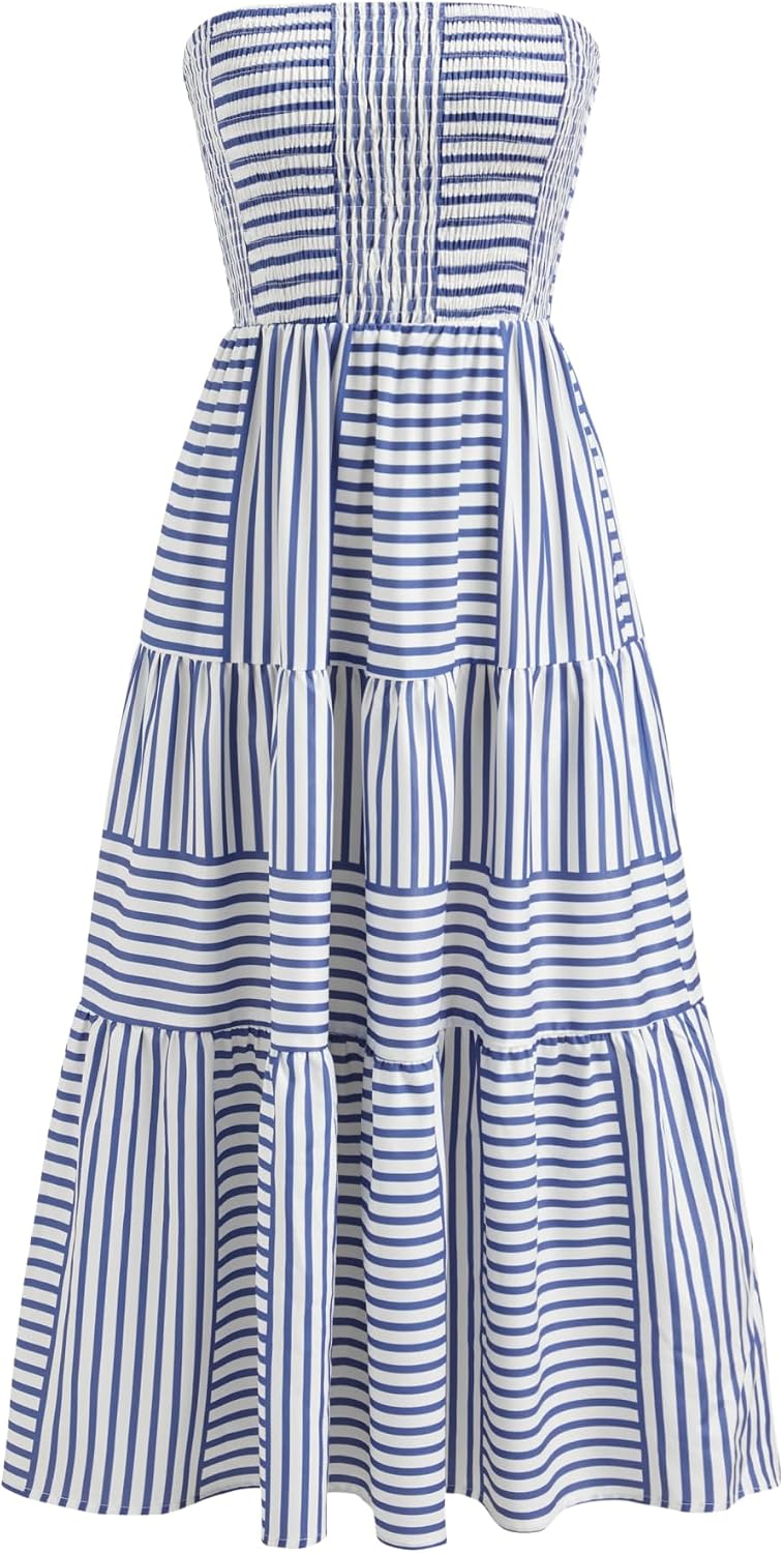 CIDER Women's Strapless Dress with Pockets Tube Striped Long Midi Dresses A Line Beach Vacation Casual Summer Outfits