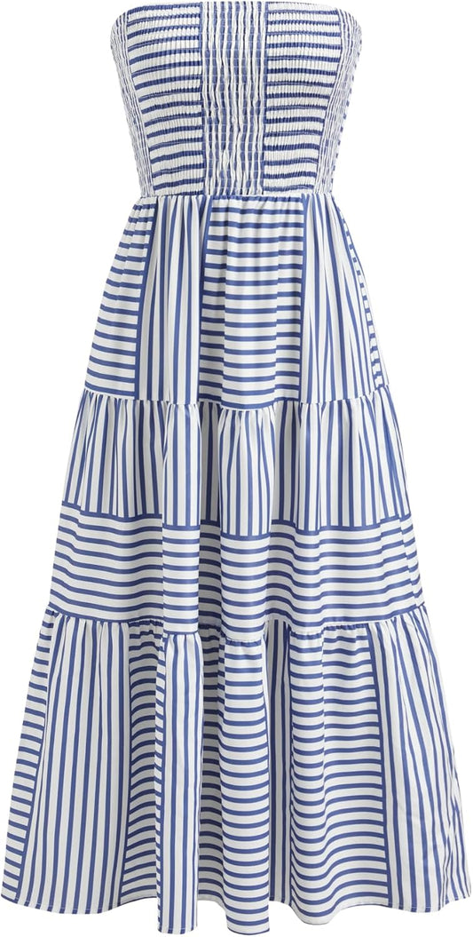 CIDER Women's Strapless Dress with Pockets Tube Striped Long Midi Dresses A Line Beach Vacation Casual Summer Outfits