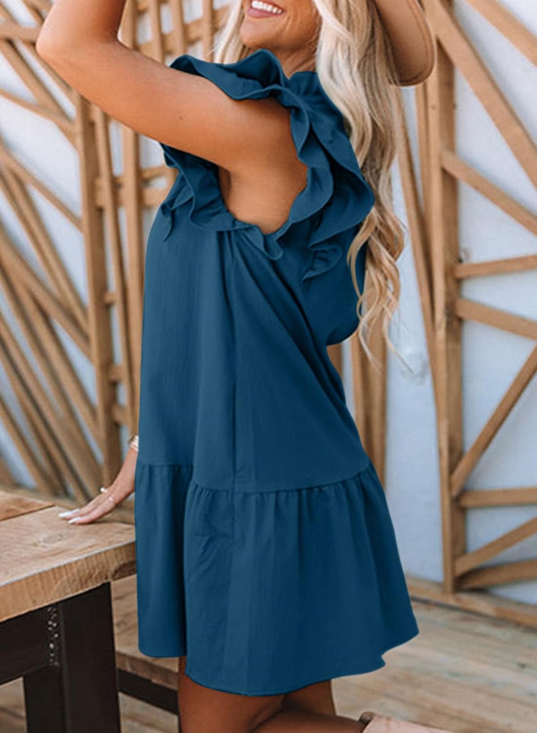 Dokotoo Womens Summer Dresses 2026 V-Neck Drawstring Ruffle Cap Short Sleeve Side Pockets Mini Dress Sundress