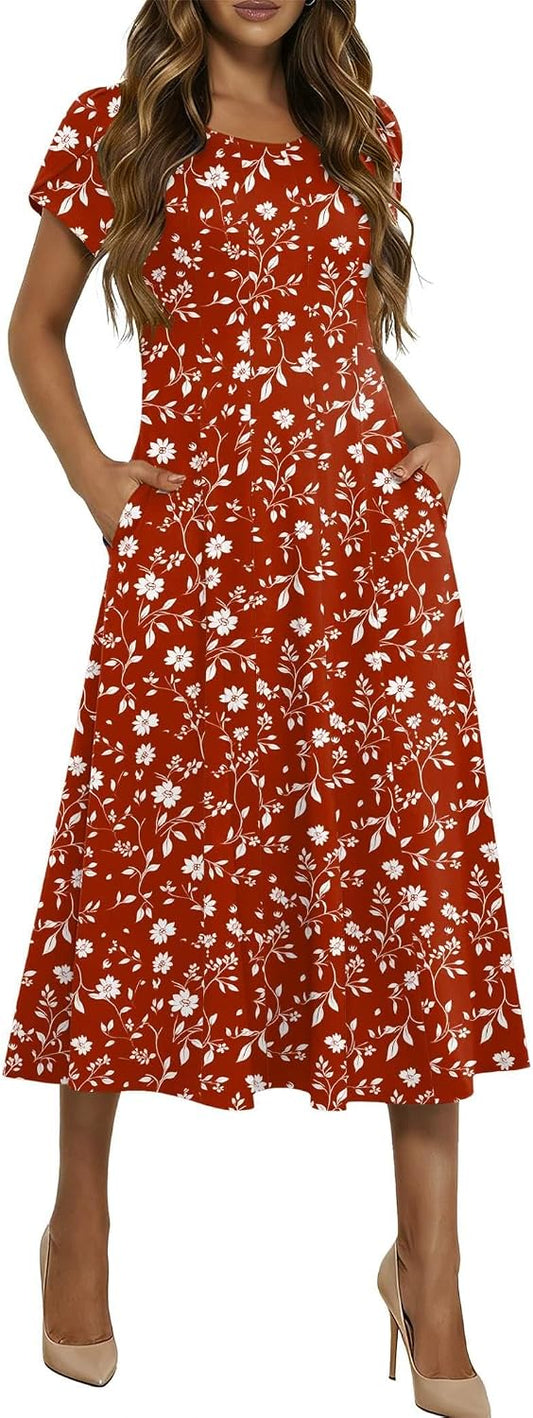 HOTOUCH Summer Dresses for Women 2026 Casual Midi Dress Petal Short Sleeve A Line Dress Pleated Flare Sundress