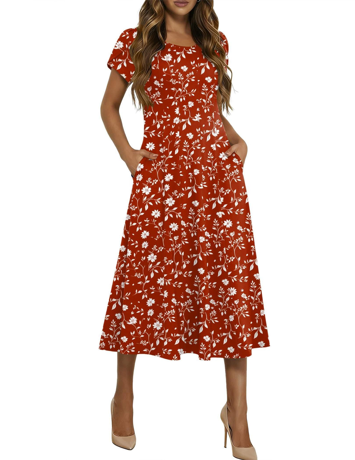 HOTOUCH Summer Dresses for Women 2026 Casual Midi Dress Petal Short Sleeve A Line Dress Pleated Flare Sundress