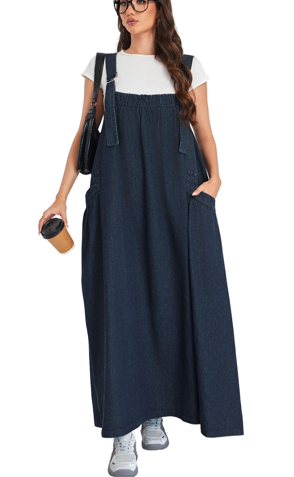 Denim Jumper Dress for Women Loose Version Baggy Style Maxi Length Adjustable Straps Wide Hemline