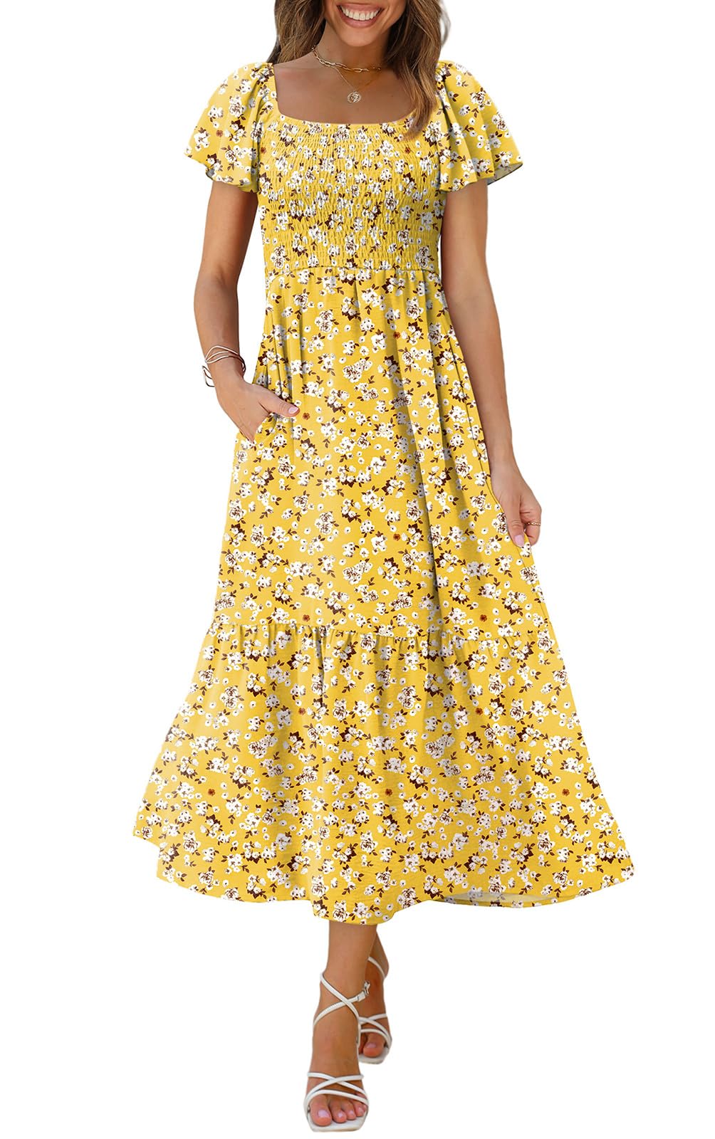 OFEEFAN Summer Dresses for Women Square Neck Ruffle Sleeve Smocked Maxi Dress with Pockets