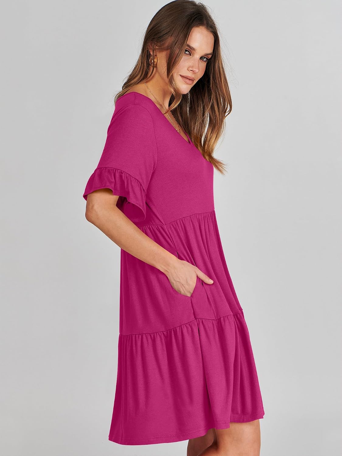 ANRABESS Dresses for Women Summer 2026 V Neck Ruffle Sleeve A Line Tiered Flowy Casual Trendy Mini Beach Dress with Pockets